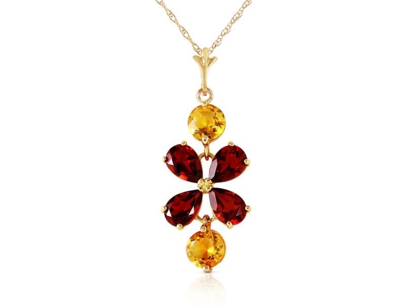 3.15 CTW 14K Solid Gold Felicita Garnet Citrine Necklace: 3.15 CTW 14K Solid Gold Felicita Garnet Citrine Necklace Floral shapes are the perfect feminine piece to add to any outfit. With this 14k solid gold necklace with garnet and citrine, flowers are combi