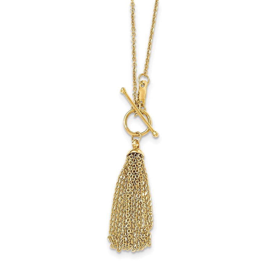 14k Gold Cable Chain Tassel Toggle Necklace: 14k Gold Cable Chain Tassel Toggle Necklace Product Id: 100786 Metal: Gold Purity: 14k Chain Length: 18 in Chain Width: 2 mm Clasp/Connector: Toggle Charm Element Length: 52 mm C