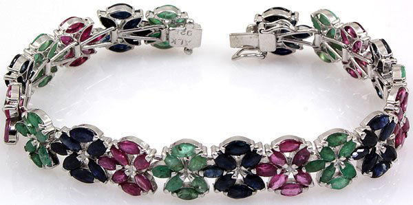 Emerald, Ruby & Dark Sapphire Floral Sterling Silver 92: Emerald, Ruby & Dark Sapphire Floral Sterling Silver 92.5 Grams 7.2in. **|**|** Emerald, Ruby & Dark Sapphire Floral Sterling Silver 92.5 Gms ; MSRP: $300