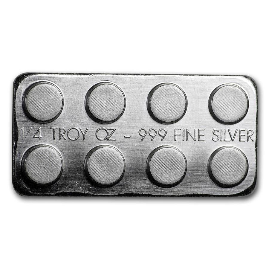 1/4 oz Silver Building Block Bars (2x4): 1/4 oz Silver Building Block Bars (2x4) Product ID: 180836 Year: N/A Grade: None Grade Service: None Mint Mark: N/A - Not Available Metal Content: 0.25 troy oz Purity: .999 Thick