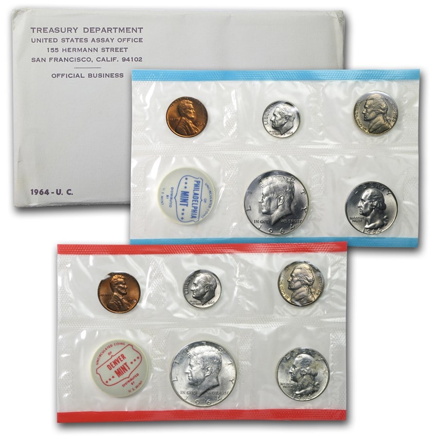 1964 U.S. Mint Set: 1964 U.S. Mint Set Product ID: 1231 Year: 1964 Grade: Brilliant Unc Grade Service: None Denomination: Varies Mint Mark: Varies Metal Content: 1.2155 troy oz Purity: Other