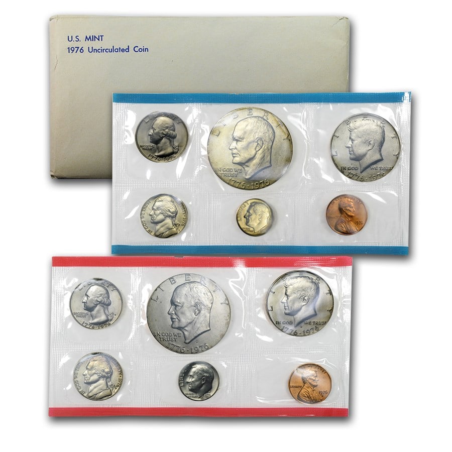 1976 U.S. Mint Set: 1976 U.S. Mint Set Product ID: 1243 Year: 1976 Grade: Brilliant Unc Grade Service: None Mint Mark: Varies Metal Content: 0 troy oz Purity: Other Thickness: Varies mm Dia
