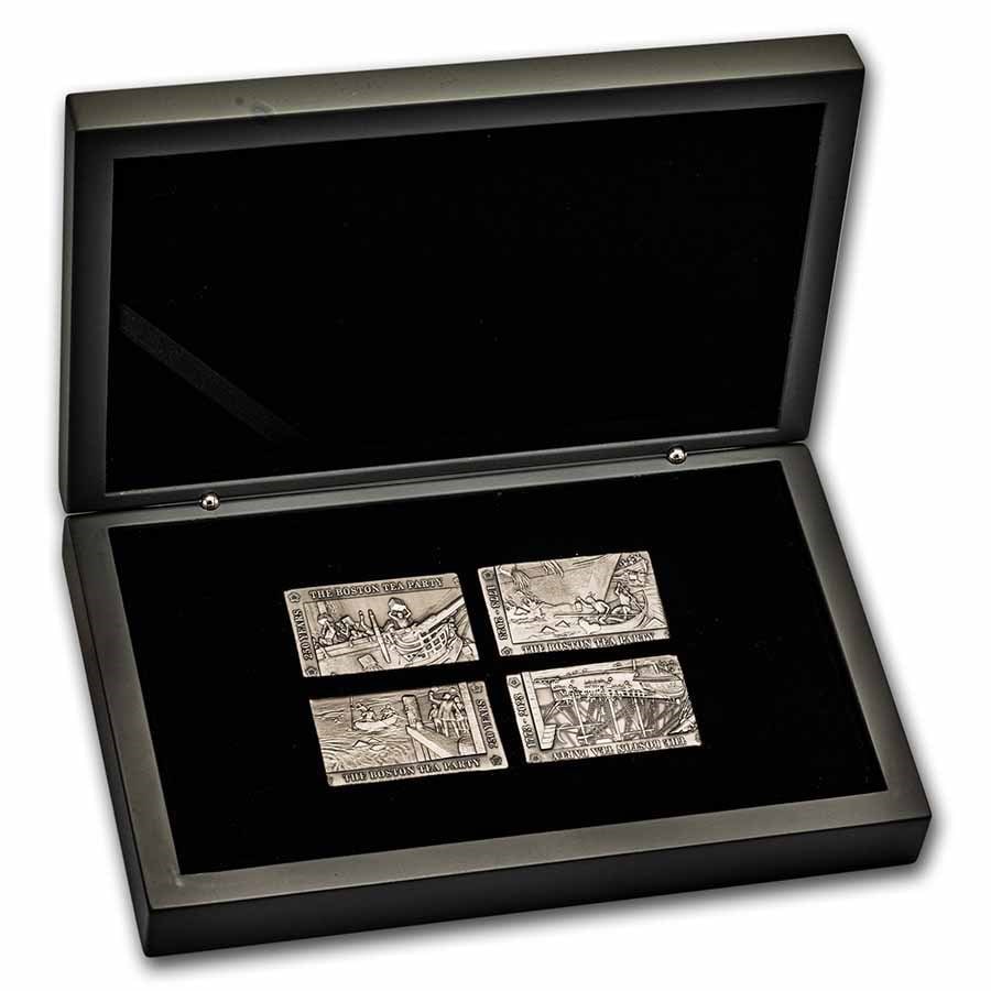 2023 Barbados 4 oz Silver Boston Tea Party 4-Coin Antique Set: 2023 Barbados 4 oz Silver Boston Tea Party 4-Coin Antique Set Product ID: 273502 Year: 2023 Grade: Uncirculated Grade Service: None Denomination: 5 Dollars Mint Mark: Not Shown Metal Cont