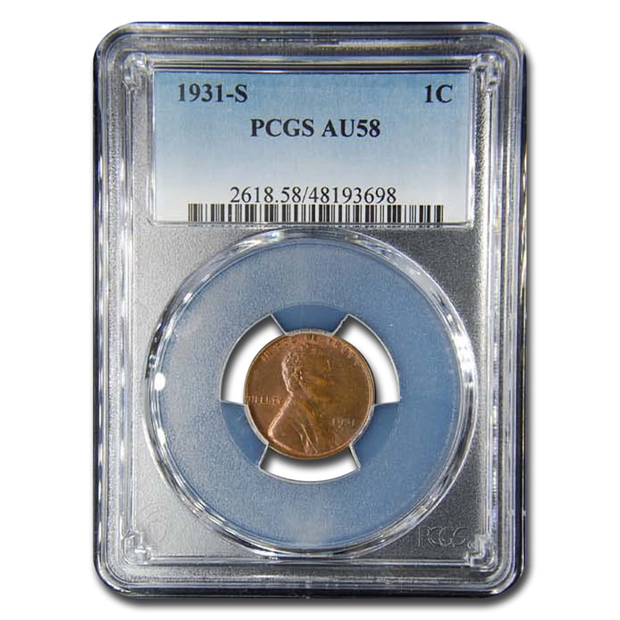 1931-S Lincoln Cent AU-58 PCGS: 1931-S Lincoln Cent AU-58 PCGS Product ID: 177902 Year: 1931 Grade Service: PCGS Denomination: 1 Cent Metal Content: 0 troy oz Purity: N/A Thickness: 1.50 mm Diameter: 19 mm
