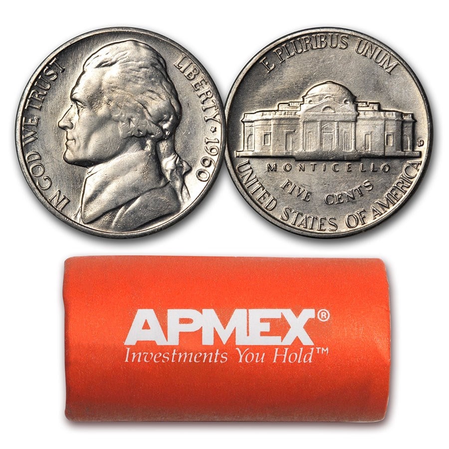 1960-D Jefferson Nickel 40-Coin Roll BU: 1960-D Jefferson Nickel 40-Coin Roll BU Product ID: 9351 Year: 1960 Grade: Brilliant Unc Grade Service: None Denomination: 5 Cents Mint Mark: D - Denver Metal Content: 0 troy oz
