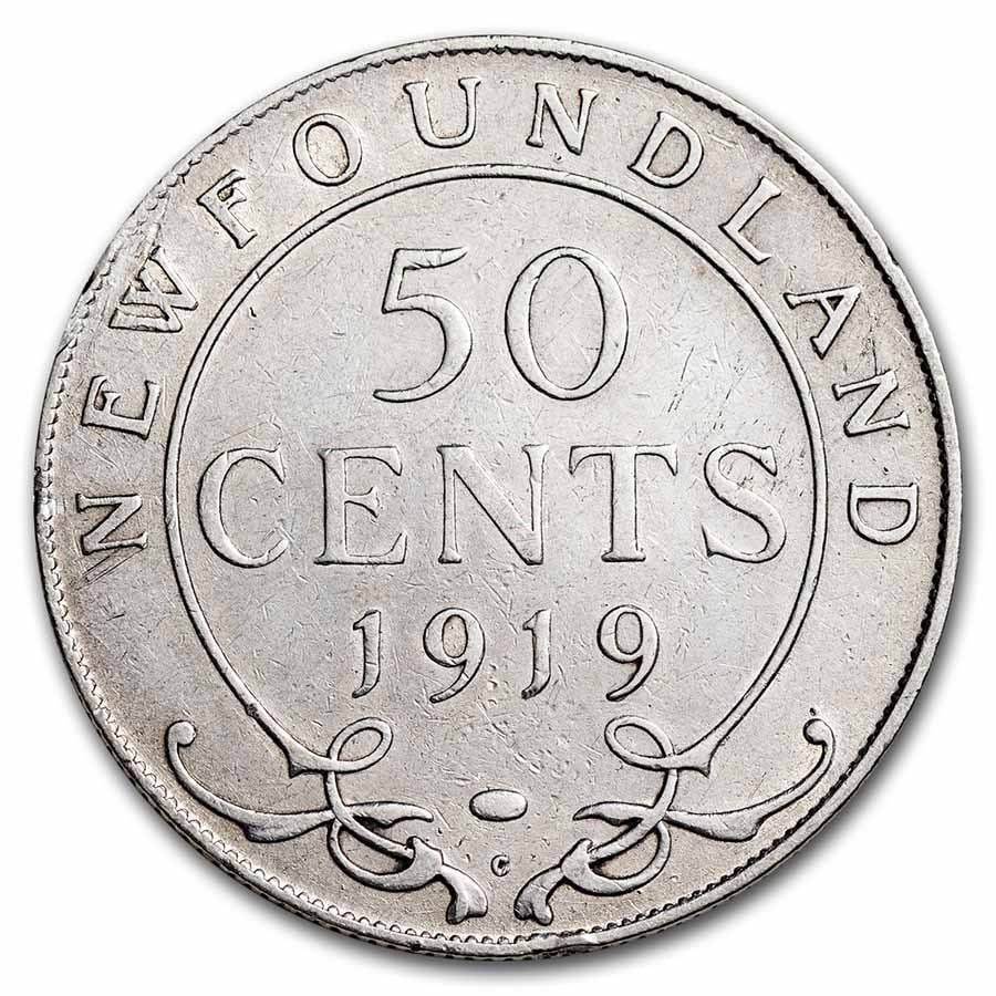 1919-C Newfoundland Silver 50 Cents George V VG: 1919-C Newfoundland Silver 50 Cents George V VG Product ID: 178443 Year: 1919 Grade: Very Good Grade Service: None Denomination: 50 Cents Mint Mark: RCM (Not Shown) Metal Content: 0.3503