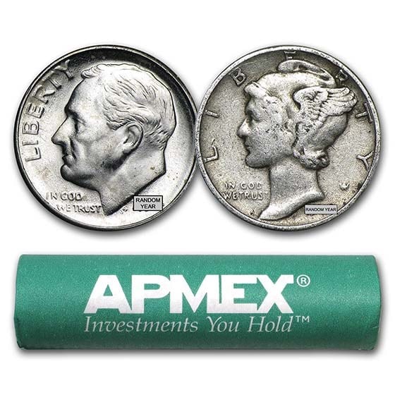 90% Silver Coins - $5 Face Value Roll - Dimes: 90% Silver Coins - $5 Face Value Roll - Dimes Product ID: 213198 Year: Random Grade: Average Circulated Grade Service: None Denomination: $10.00 Mint Mark: Varies Metal Content: 3.575 tro