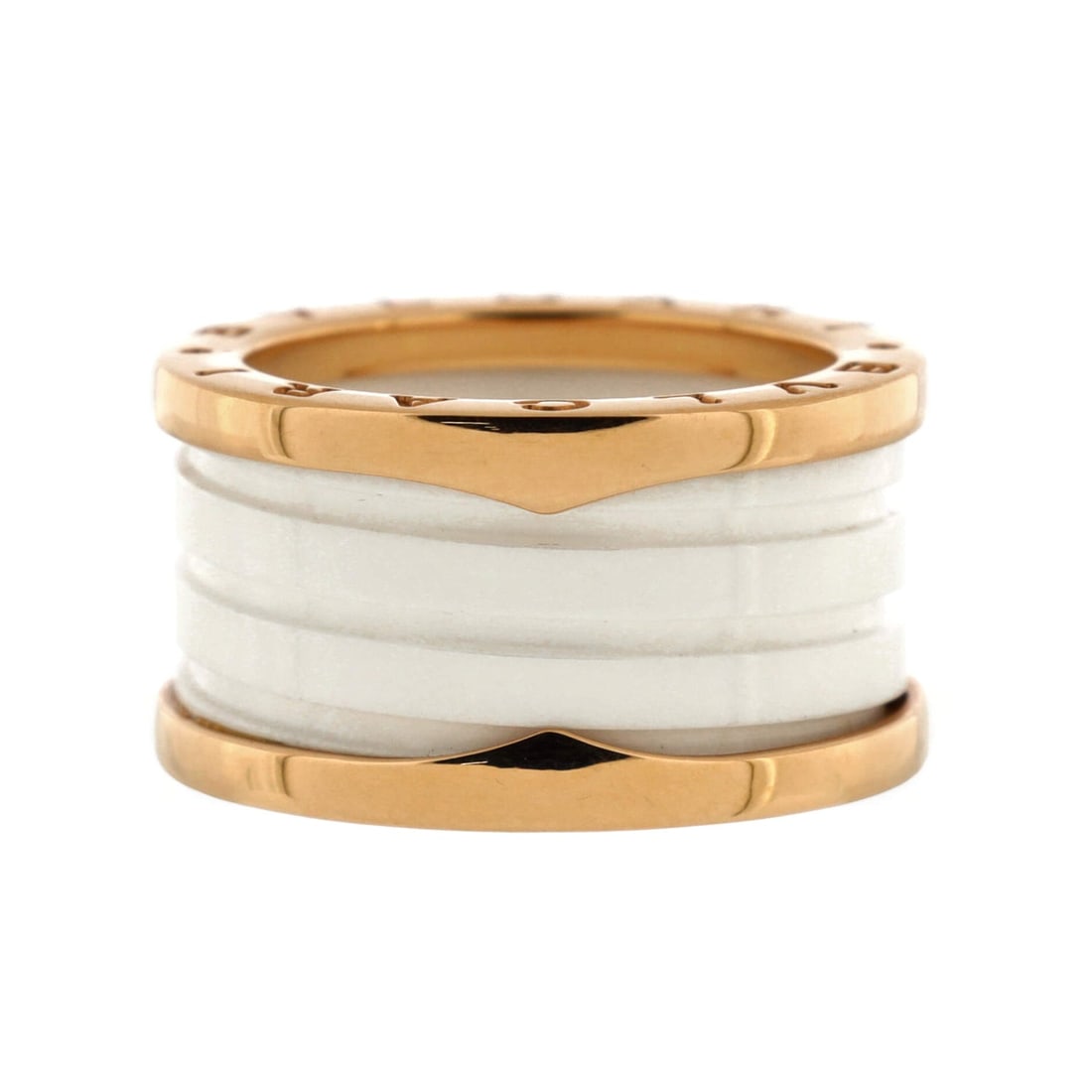 Bvlgari B.Zero1 Four Band Ring 18K Rose Gold and Ceramic: Bvlgari B.Zero1 Four Band Ring 18K Rose Gold and Ceramic Metal Type: 18K Rose Gold Metal Finish: High Polish Hallmarks Type: 750, Designer Signature, Registered Trademark, Serial Number, Size Signatur