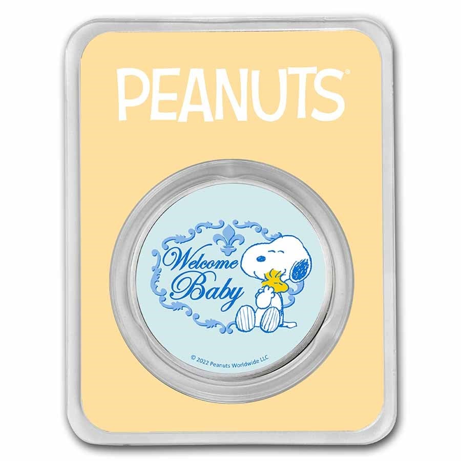 Peanuts Welcome Baby Boy 1 oz Colorized Silver: Peanuts Welcome Baby Boy 1 oz Colorized Silver SKU no: RBJ 248717 Year: N/A Grade: None Grade Service: None Mint Mark: N/A - Not Available Metal Content: 1 troy oz Purity: .999 T