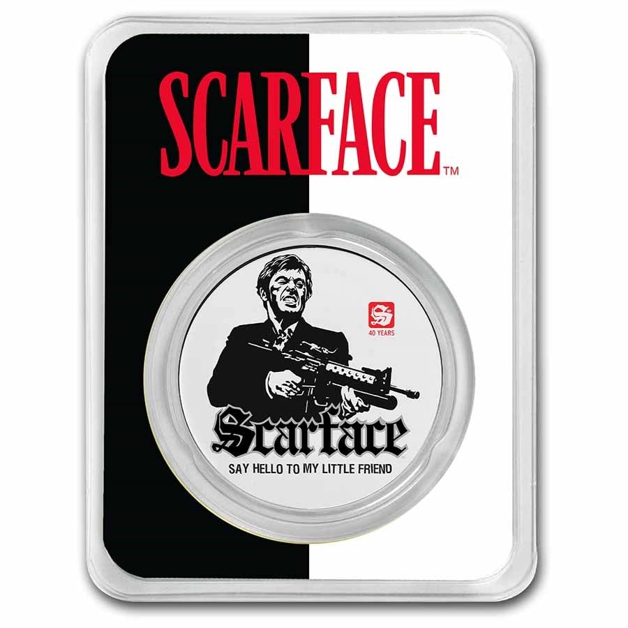 2023 Chad Colorized 1 oz Silver 5000 Franc Scarface 40th in TEP: 2023 Chad Colorized 1 oz Silver 5000 Franc Scarface 40th in TEP SKU no: RBJ 277665 Year: 2023 Grade: Brilliant Unc Grade Service: None Denomination: 5,000 Francs Mint Mark: Not Shown Meta