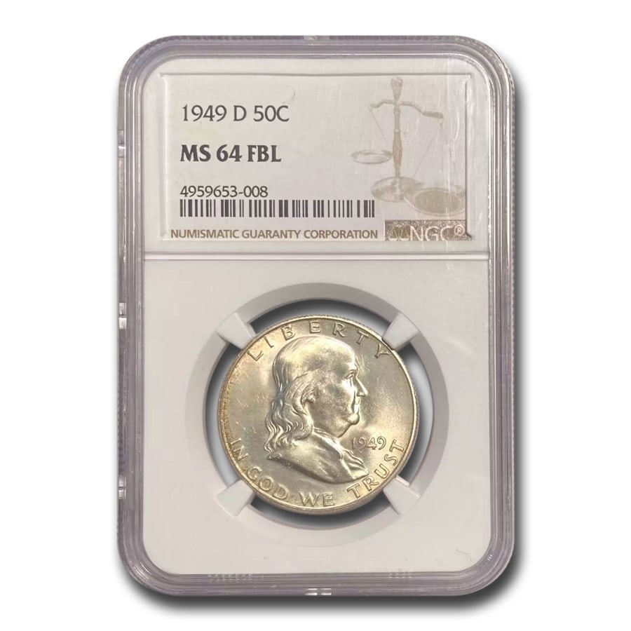 1949-D Franklin Half Dollar MS-64 NGC (FBL): 1949-D Franklin Half Dollar MS-64 NGC (FBL) SKU no: RBJ 94771 Year: 1949 Grade Service: NGC Denomination: $0.50 Metal Content: 0.3617 troy oz Purity: .900 Thickness: 2.15 mm Diam