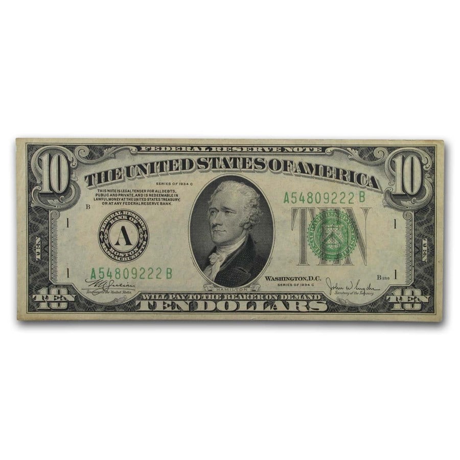 1934s $10 FRN VF (Districts of Our Choice): 1934s $10 FRN VF (Districts of Our Choice) SKU no: RBJ 208143 Year: 1934 Grade: Very Fine Grade Service: None Denomination: $10 Mint Mark: Varies Metal Content: 0 troy oz Purity: