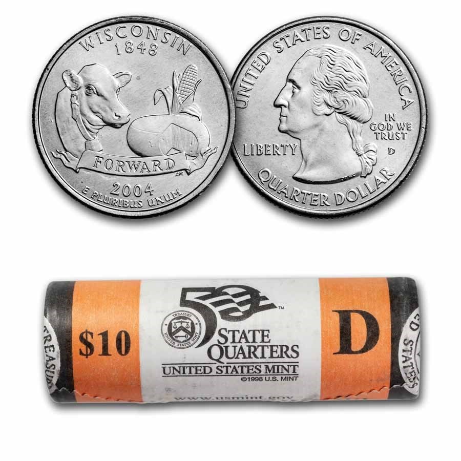 2004-D Wisconsin Statehood Quarter 40-Coin Roll: 2004-D Wisconsin Statehood Quarter 40-Coin Roll SKU no: RBJ 284825 Year: 2004 Grade: Brilliant Unc Grade Service: None Denomination: 25 Cents Mint Mark: D - Denver Metal Content: 0 troy o