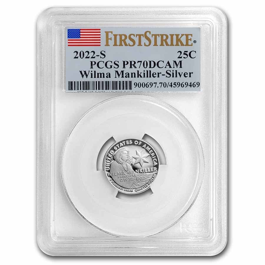 2022-S Wilma Mankiller Quarter Silver Proof PR-70 PCGS (FS): 2022-S Wilma Mankiller Quarter Silver Proof PR-70 PCGS (FS) SKU no: RBJ 249233 Year: 2022 Grade: Proof - 70 DCAM Grade Service: PCGS Denomination: 25 Cents Mint Mark: S - San Francisco Me
