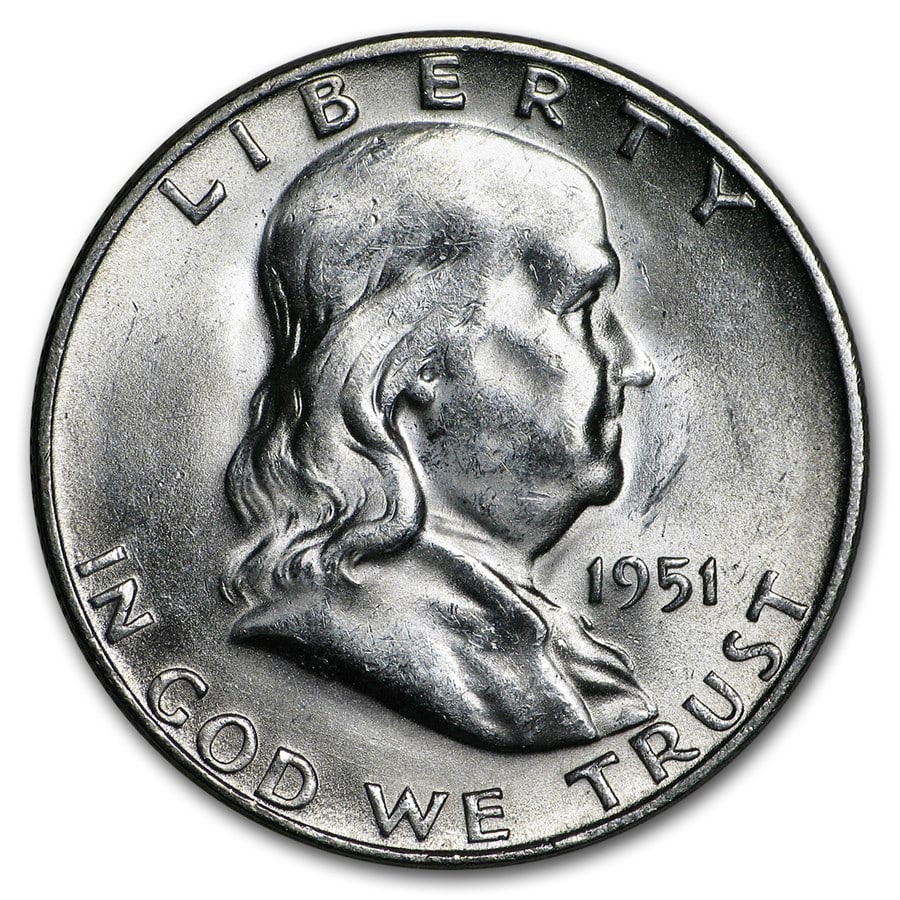 1951-S Franklin Half Dollar AU: 1951-S Franklin Half Dollar AU SKU no: RBJ 5454 Year: 1951 Grade: Almost Unc Grade Service: None Denomination: $0.50 Mint Mark: S - San Francisco Metal Content: 0.3575 troy oz Pu