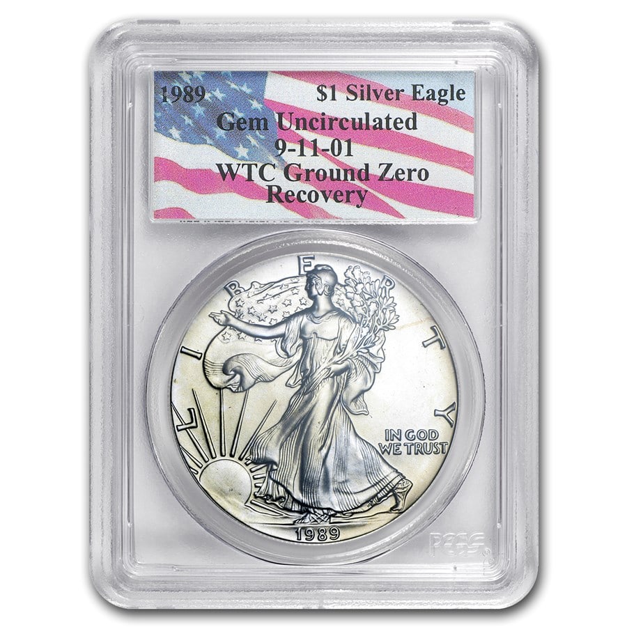 1989 American Silver Eagle Gem Unc PCGS (World Trade Center): 1989 American Silver Eagle Gem Unc PCGS (World Trade Center) SKU no: RBJ 26395 Year: 1989 Grade: Gem Brilliant Unc Grade Service: PCGS Denomination: 1 Dollar Mint Mark: Not Shown Metal Co
