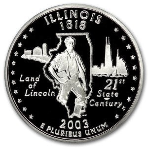 2003-S Illinois State Quarter Gem Proof (Silver): 2003-S Illinois State Quarter Gem Proof (Silver) SKU no: RBJ 47202 Year: 2003 Grade: Gem Proof Grade Service: None Denomination: 25 Cents Mint Mark: S - San Francisco Metal Content: 0.180