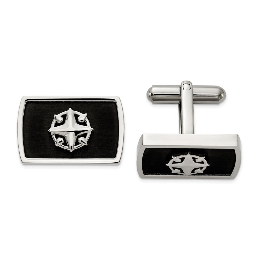 Stainless Steel Polished Black Ornate: Stainless Steel Polished Black Ornate Compass Cuff Links Description: SKU no: RBJ183459 Metal: Stainless Steel Finish: Polished & Brushed Length Of Item: 19.7 mm Charm Element Length: 14