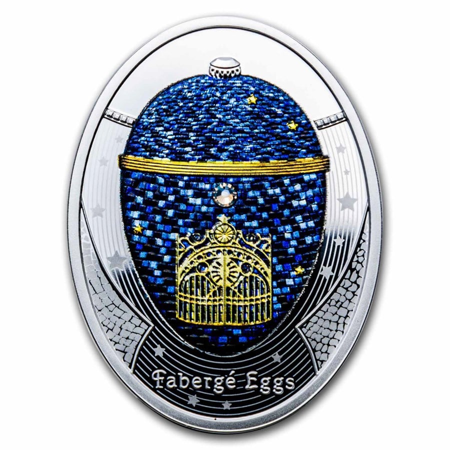 2023 Niue Silver Faberge Eggs: Twilight Egg: 2023 Niue Silver Faberge Eggs: Twilight Egg SKU no: RBJ 280062 Year: 2023 Grade: Proof Grade Service: None Denomination: 1 Dollar Mint Mark: Not Shown Metal Content: 0.54 troy oz