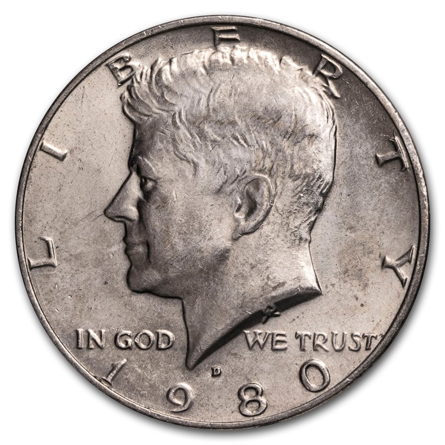1980-D Kennedy Half Dollar BU: 1980-D Kennedy Half Dollar BU SKU no: RBJ 6030 Year: 1980 Grade: Brilliant Unc Grade Service: None Denomination: 50 Cents Mint Mark: D - Denver Metal Content: 0 troy oz Purity: N