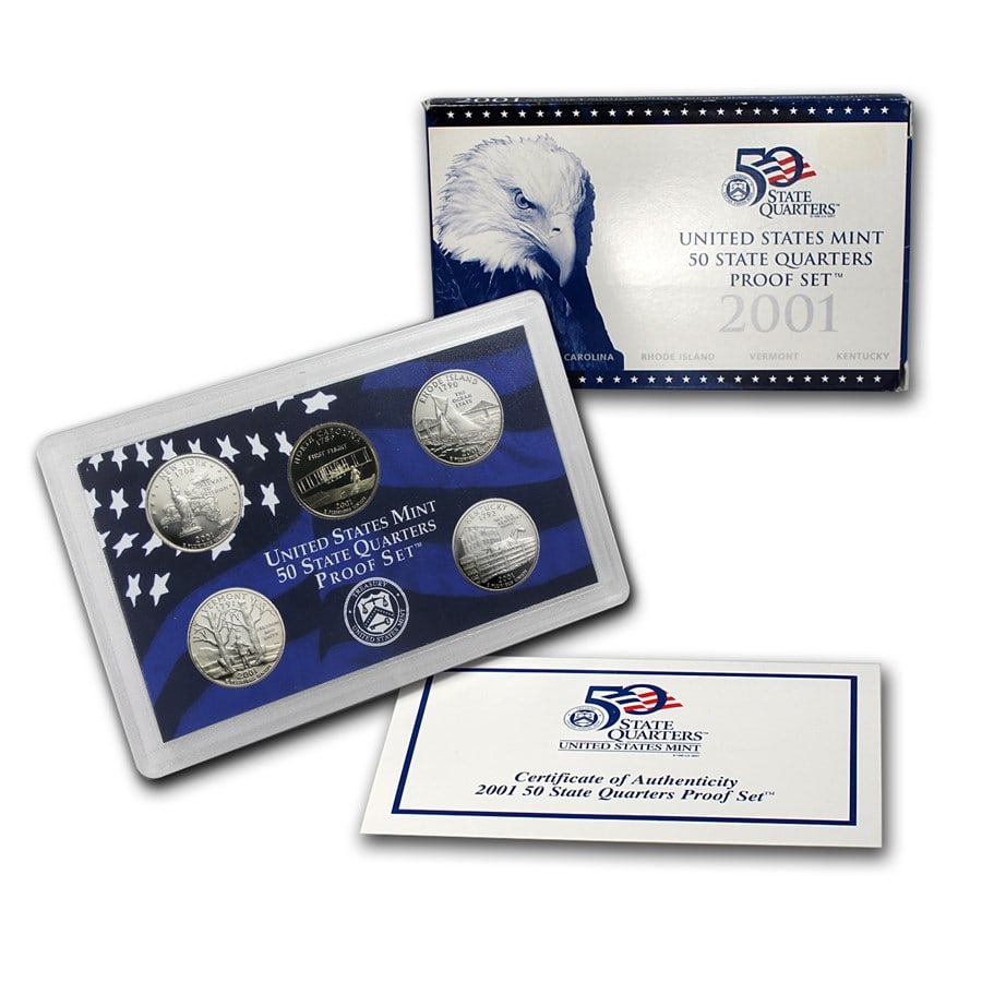 2001-S 50 State Quarters Proof Set: 2001-S 50 State Quarters Proof Set SKU no: RBJ 1201 Year: 2001 Grade: Proof Grade Service: None Denomination: 25 Cents Mint Mark: S - San Francisco Metal Content: 0 troy oz Purit