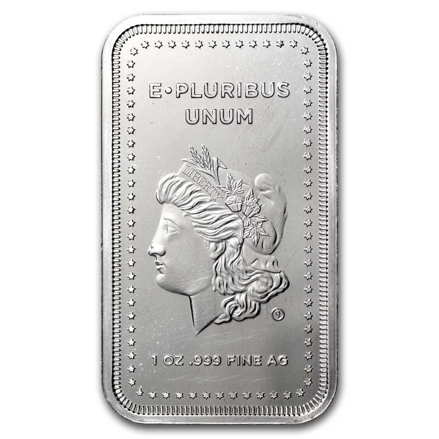 1 oz Silver Bar - Morgan Design (new): 1 oz Silver Bar - Morgan Design (new) SKU no: RBJ 287696 Grade: None Grade Service: None Mint Mark: N/A - Not Available Metal Content: 1 troy oz Purity: .999 Thickness: 2.3 mm Di