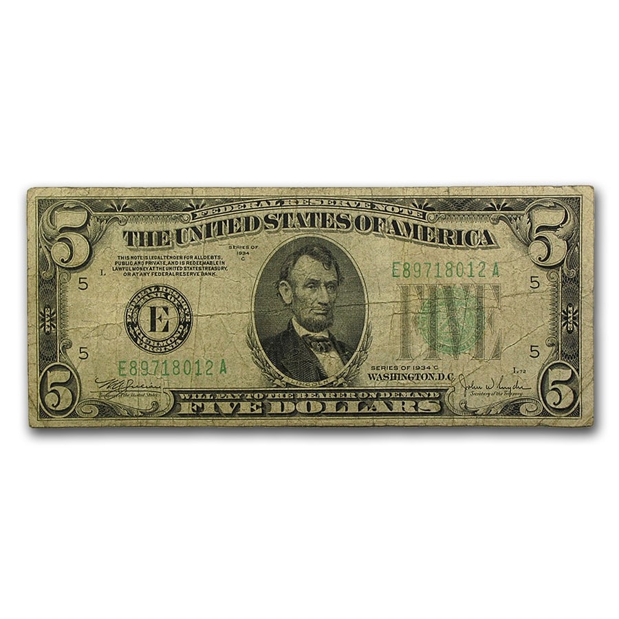 1934s $5.00 FRN VG/VF (District of our Choice): 1934s $5.00 FRN VG/VF (District of our Choice) SKU no: RBJ 48150 Year: 1934 Grade: Average Circulated Grade Service: None Denomination: $5.00 Mint Mark: Varies Metal Content: 0 troy oz