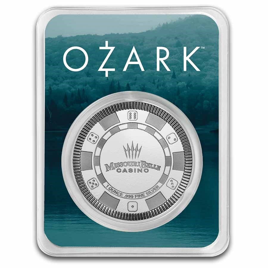 1 oz Stackable Silver Round - Ozark Casino Chip w/ TEP: 1 oz Stackable Silver Round - Ozark Casino Chip w/ TEP SKU no: RBJ 278376 Grade: None Grade Service: None Mint Mark: N/A - Not Available Metal Content: 1 troy oz Purity: .999 Diameter: 39