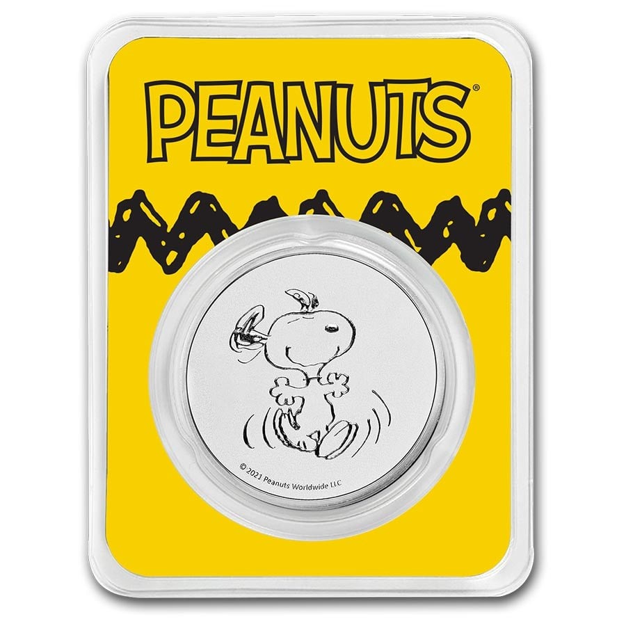 Peanuts Snoopy 1 oz Silver Round in TEP: Peanuts Snoopy 1 oz Silver Round in TEP SKU no: RBJ 232310 Year: N/A Grade: None Grade Service: None Mint Mark: N/A - Not Available Metal Content: 1 troy oz Purity: .999 Diameter