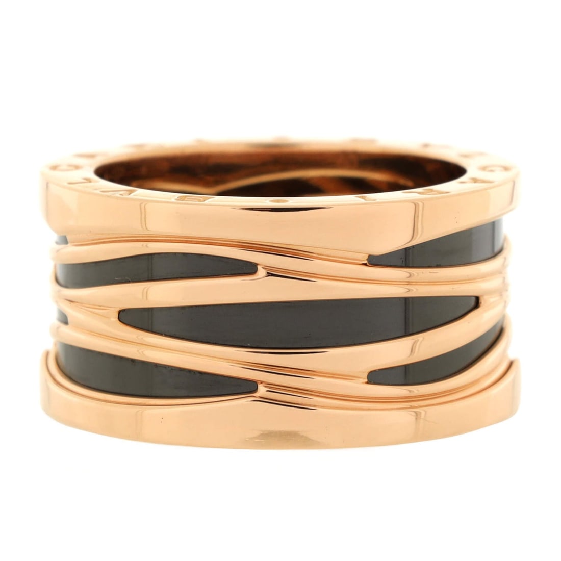 Bvlgari B.Zero1 Design Legend Zaha Hadid Four Band Ring 18K Rose Gold with Ceramic: Bvlgari B.Zero1 Design Legend Zaha Hadid Four Band Ring 18K Rose Gold with Ceramic Metal Type: 18K Rose Gold Metal Finish: High Polish Hallmarks Type: 750, Designer Signature, Registered Trademark, Se