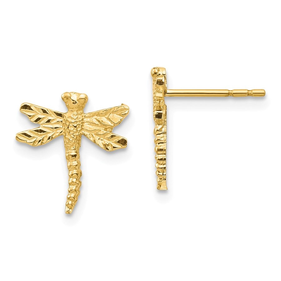 14k Yellow Gold Dragonfly Post: 14k Yellow Gold Dragonfly Post Earrings Description: SKU no: RBJ184982 Metal: Gold Purity: 14K Length Of Item: 11.65 mm Earring Closure: Post & Push Back Earring Type: Button