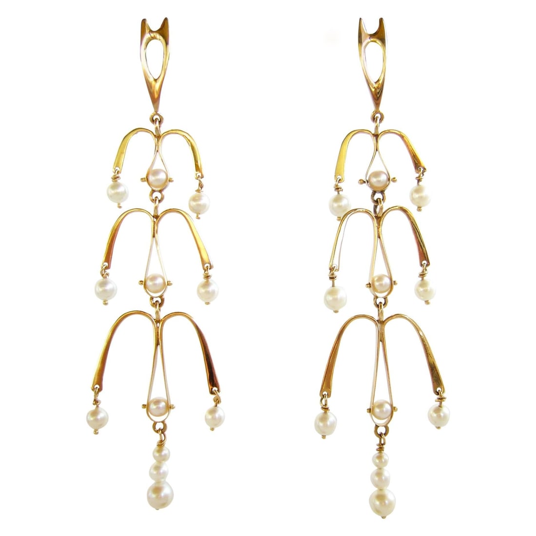Ed Wiener Gold Pearl Kinetic American Modernist Chandelier Earrings: Ed Wiener Gold Pearl Kinetic American Modernist Chandelier Earrings Metal: 14k Gold, Gold Stone: Pearl Stone Cut: Ball Cut Style: Modernist Place of Origin: United States Period: 1950-1959 <br