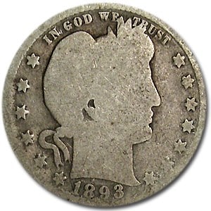 1893-O Barber Quarter AG: 1893-O Barber Quarter AG SKU no: RBJ13798 Year: 1893 Grade: Almost Good Grade Service: None Denomination: 25 Cents Mint Mark: O - New Orleans Metal Content: 0.1788 troy oz Pur
