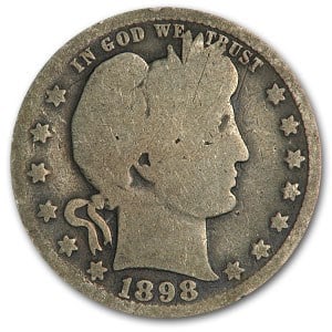 1898-O Barber Quarter AG: 1898-O Barber Quarter AG SKU no: RBJ13827 Year: 1898 Grade: Almost Good Grade Service: None Denomination: 25 Cents Mint Mark: O - New Orleans Metal Content: 0.1788 troy oz Pur
