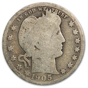 1905-O Barber Quarter AG: 1905-O Barber Quarter AG SKU no: RBJ13862 Year: 1905 Grade: Almost Good Grade Service: None Denomination: 25 Cents Mint Mark: O - New Orleans Metal Content: 0.1788 troy oz Pur