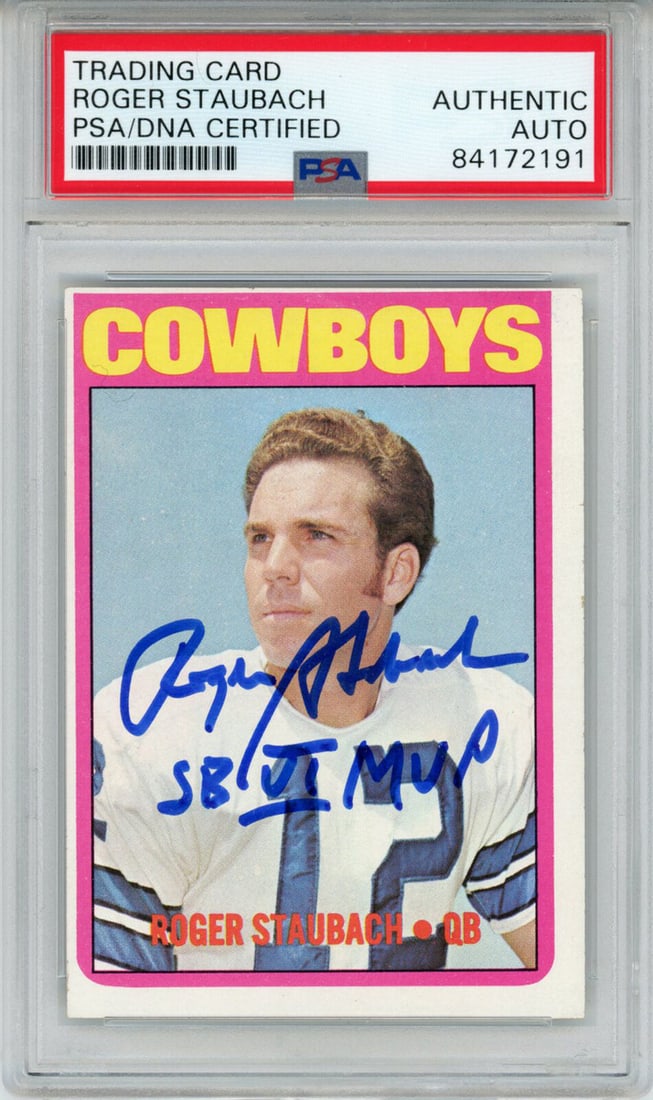 roger staubach autographed 1972 topps #200: roger staubach autographed 1972 topps #200 Roger Staubach Autographed 1972 Topps #200 Rookie Card SB MVP PSA Slab 43555 SKU no: 7560505032792