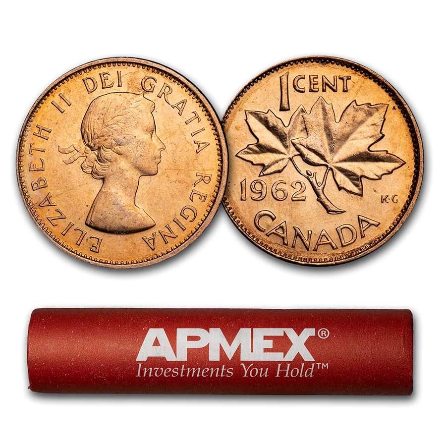 1962 Canada 50-Coin Roll Copper Cents BU: 1962 Canada 50-Coin Roll Copper Cents BU SKU no: RBJ229614 Year: 1962 Grade: Brilliant Unc Grade Service: None Denomination: $0.01 Mint Mark: RCM (Not Shown) Metal Content: 0 AVDP oz