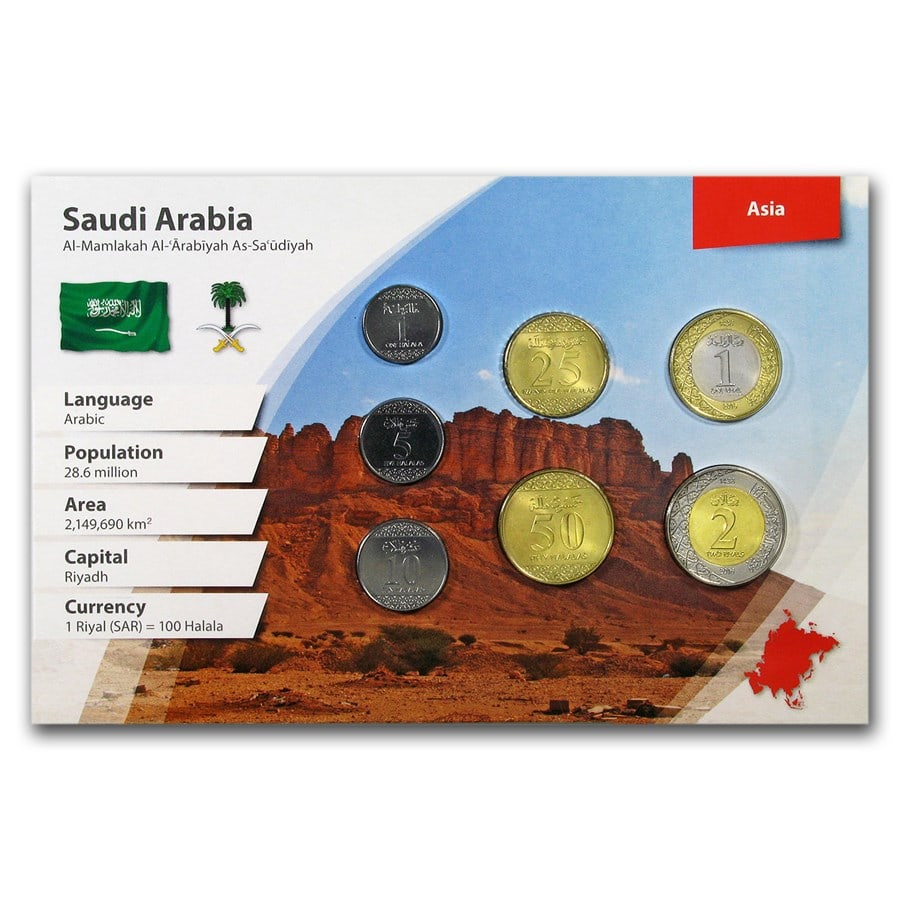 Saudi Arabia 7-Coin Set BU (Landscape Packaging): Saudi Arabia 7-Coin Set BU (Landscape Packaging) SKU no: RBJ179544 Year: Random Grade: Brilliant Unc Grade Service: None Denomination: 1 Halala - 2 Riyals Mint Mark: Not Shown Metal Conte