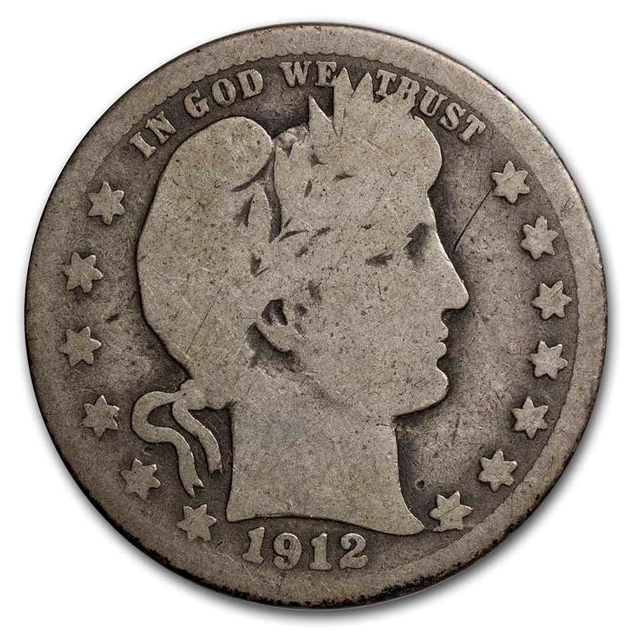 1912-S Barber Quarter AG: 1912-S Barber Quarter AG SKU no: RBJ13930 Year: 1912 Grade: Almost Good Grade Service: None Denomination: $0.25 Mint Mark: S - San Francisco Metal Content: 0.1788 troy oz Puri