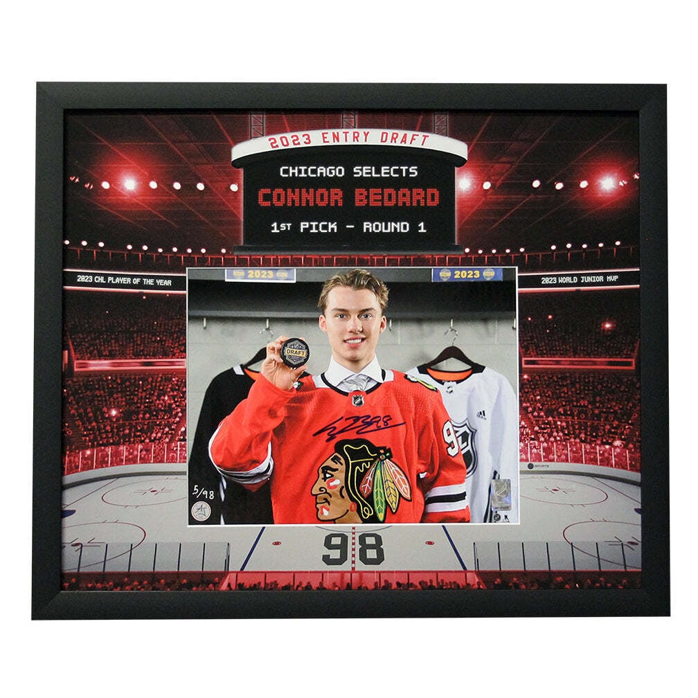 connor bedard signed chicago arena draft: connor bedard signed chicago arena draft Connor Bedard Signed Chicago Arena Draft Day Scoreboard Graphic 24x28 Frame /98 SKU no: 7464406679640