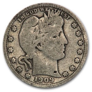 1909-S Barber Quarter Good: 1909-S Barber Quarter Good SKU no: RBJ13895 Year: 1909 Grade: Good Grade Service: None Denomination: $0.25 Mint Mark: S - San Francisco Metal Content: 0.1788 troy oz Purity: .