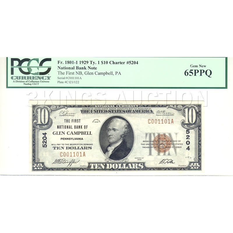1929 $10 National Bank Note, Glen Campbell, PA, Gem New: 1929 $10 National Bank Note, Glen Campbell, PA, Gem New 65PPQ **|**|** MSRP: $2200
