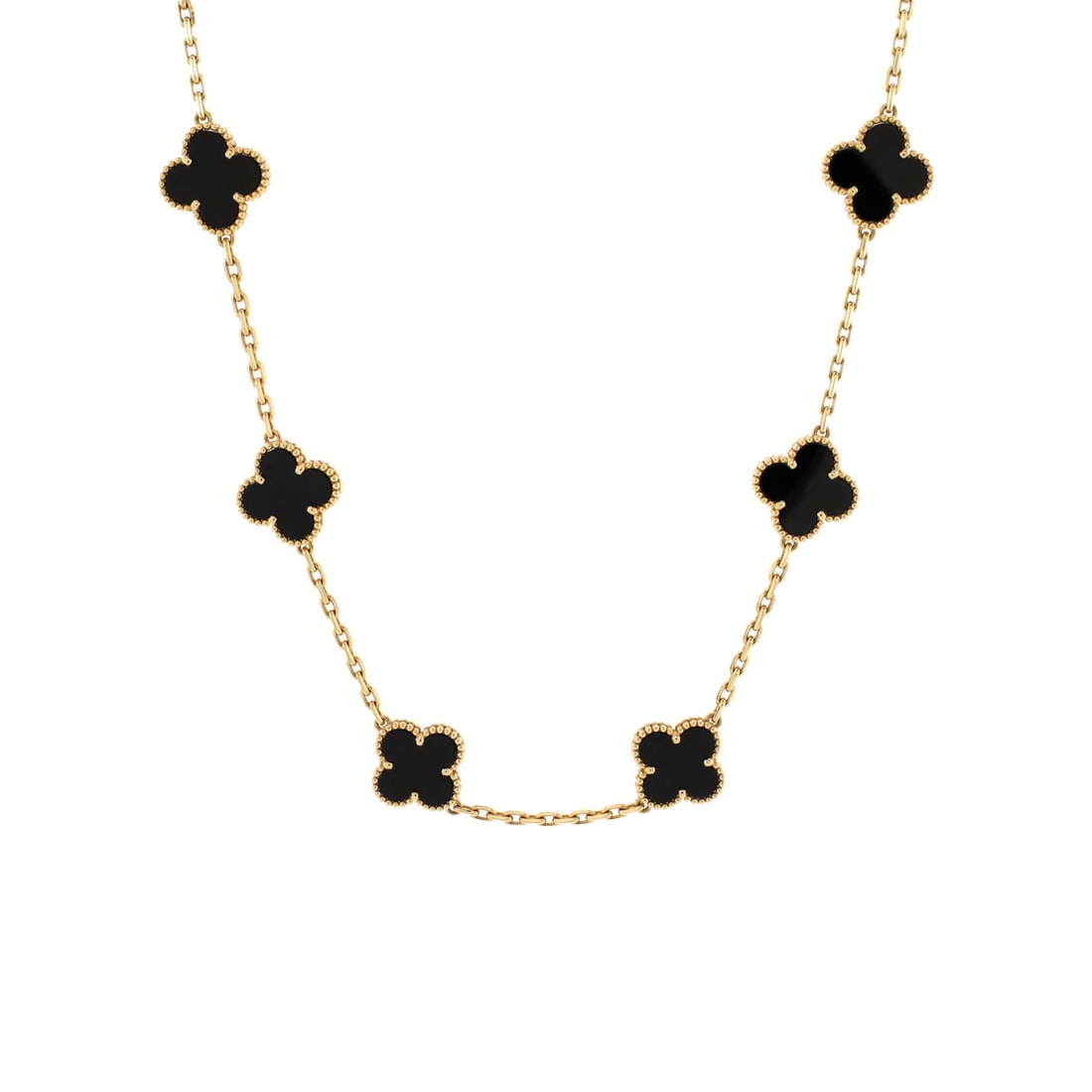 Van Cleef & Arpels Vintage: Van Cleef & Arpels Vintage Alhambra 10 Motifs Necklace 18K Yellow Gold and Onyx Metal Type: 18K Yellow Gold Metal Finish: High Polish Hallmarks Type: 750, Designer Signature, French Eagle?s Head, Fren