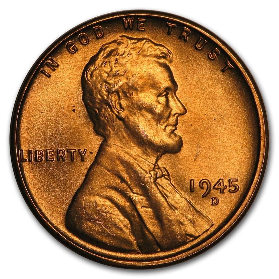 1945-D Lincoln Cent BU (Red): Details: 1945-D Lincoln Cent BU (Red) SKU no: RBJ9833 Year: 1945 Grade: Brilliant Unc Grade Service: None Denomination: $0.01 Mint Mark: D - Denver Metal Content: 0 troy oz Purit