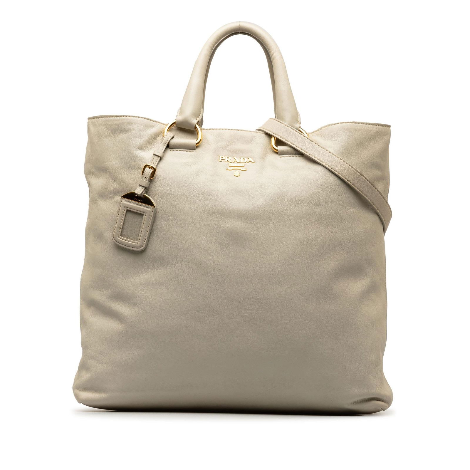 Prada Soft Calf Convertible Shopper Tote: Prada Soft Calf Convertible Shopper Tote Condition Quality: Exterior Front stained with Other. Exterior Back stained with Other. Exterior Bottom stained with Other. Exterior Handle Creased, Worn. Exte