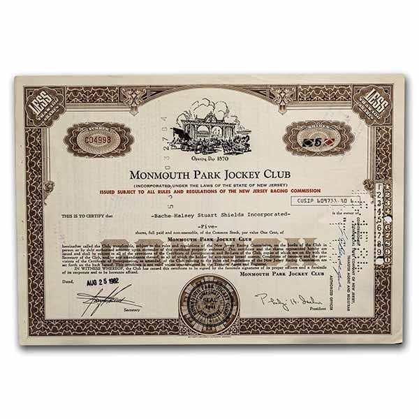 Monmouth Park Jockey Club Stock Certificate (Brown): Monmouth Park Jockey Club Stock Certificate (Brown) SKU no: RBJ238521 Year: 1950-1980s Grade: None Grade Service: None Mint Mark: N/A - Not Available Metal Content: 0 troy oz Purity: N/A