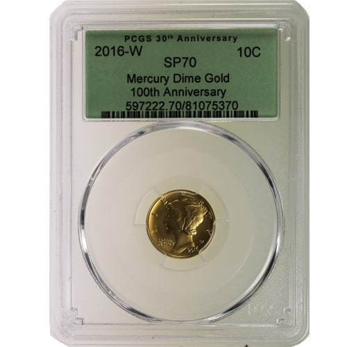 2016-W 1/10 oz Gold Mercury Dime Coin PCGS SP70: 2016-W 1/10 oz Gold Mercury Dime Coin PCGS SP70 SKU no: RBJ3943854 Year: 2016 Grade: SP70 Grade Service: PCGS Mint Mark: W - West Point Purity: .9999 Manufacturer: US Mint Thickn