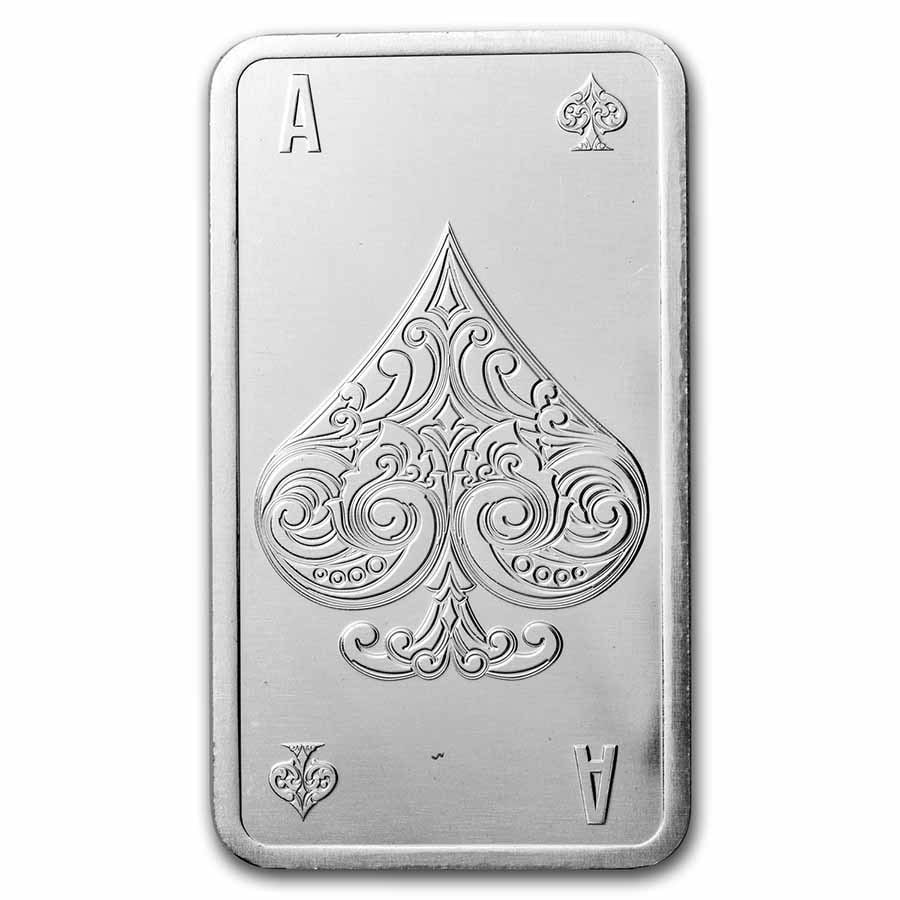 10 oz Silver Bar - Ace of Spades: 10 oz Silver Bar - Ace of Spades SKU no: RBJ272783 Grade: None Grade Service: None Mint Mark: N/A - Not Available Metal Content: 10 troy oz Purity: .999 Thickness: N/A mm Diamete