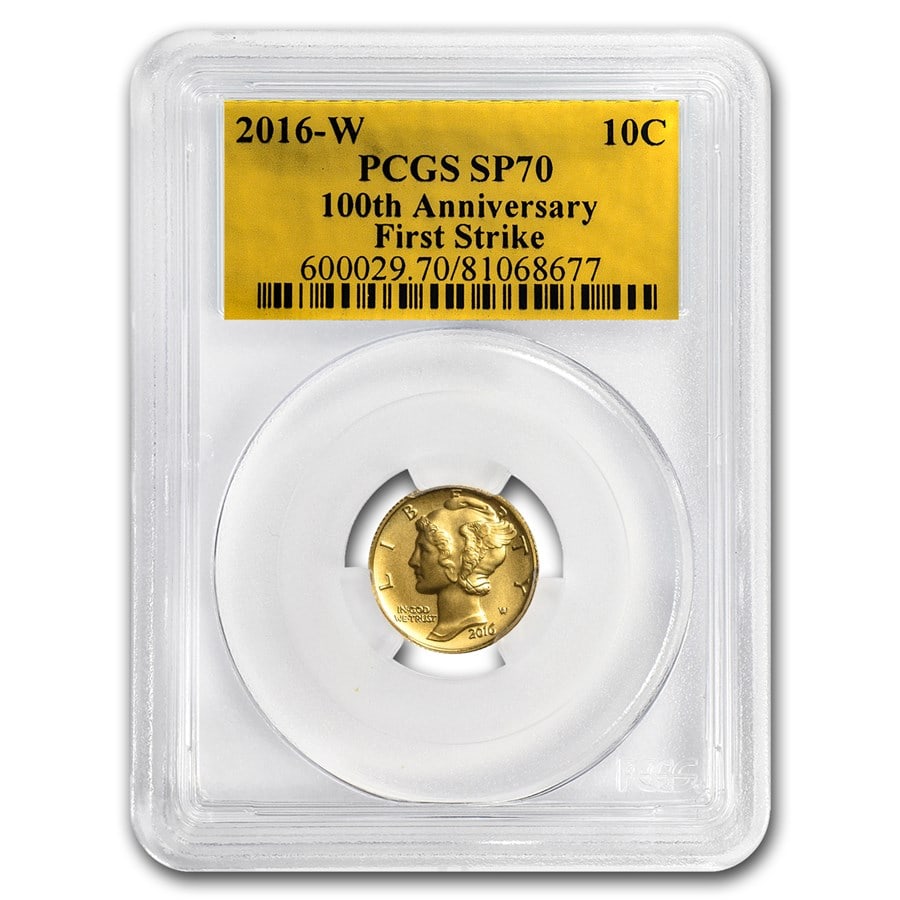 2016-W 1/10 oz Gold Mercury Dime SP-70 PCGS: 2016-W 1/10 oz Gold Mercury Dime SP-70 PCGS SKU no: RBJ170833 Year: 2016 Grade: SP - 70 Grade Service: PCGS Denomination: 10 Cents Mint Mark: W - West Point Metal Content: 0.1 troy oz <br