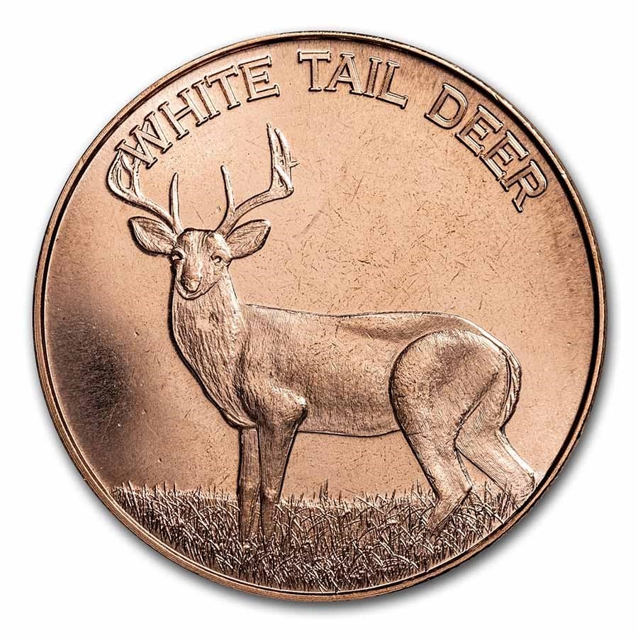 1 oz Copper Round - White: 1 oz Copper Round - White Tail Deer SKU no: RBJ235501 Year: N/A Grade: None Grade Service: None Mint Mark: None Metal Content: 1 AVDP oz Purity: .999 Thickness: 3.3 mm D